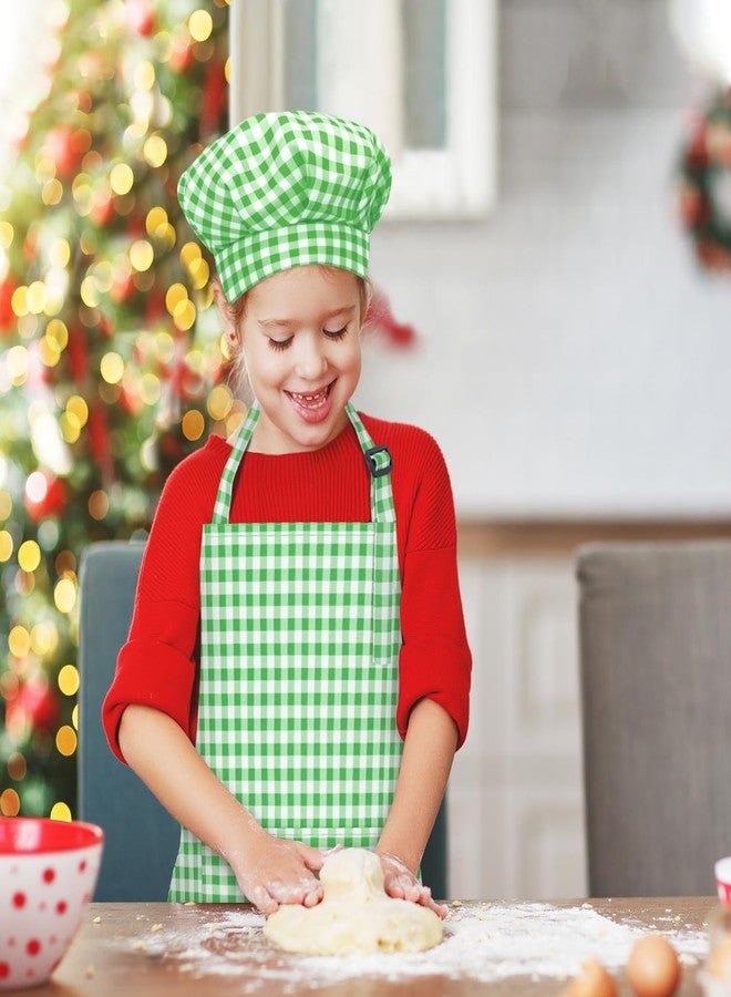 TOPWAYS Kids Apron and Chef Hat Set, Adjustable Check Child Chef Aprons with Pockets for Kids Painting Baking Cooking (Green, L) - Image 2